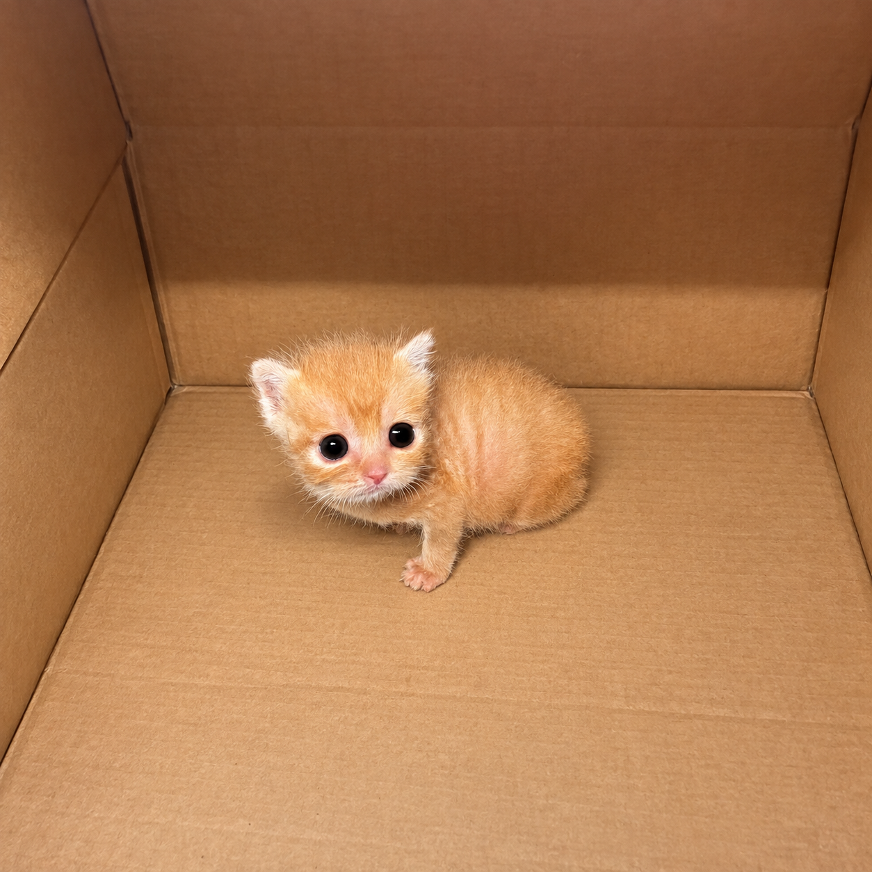 Tiny orange kitten sitting inside a cardboard box